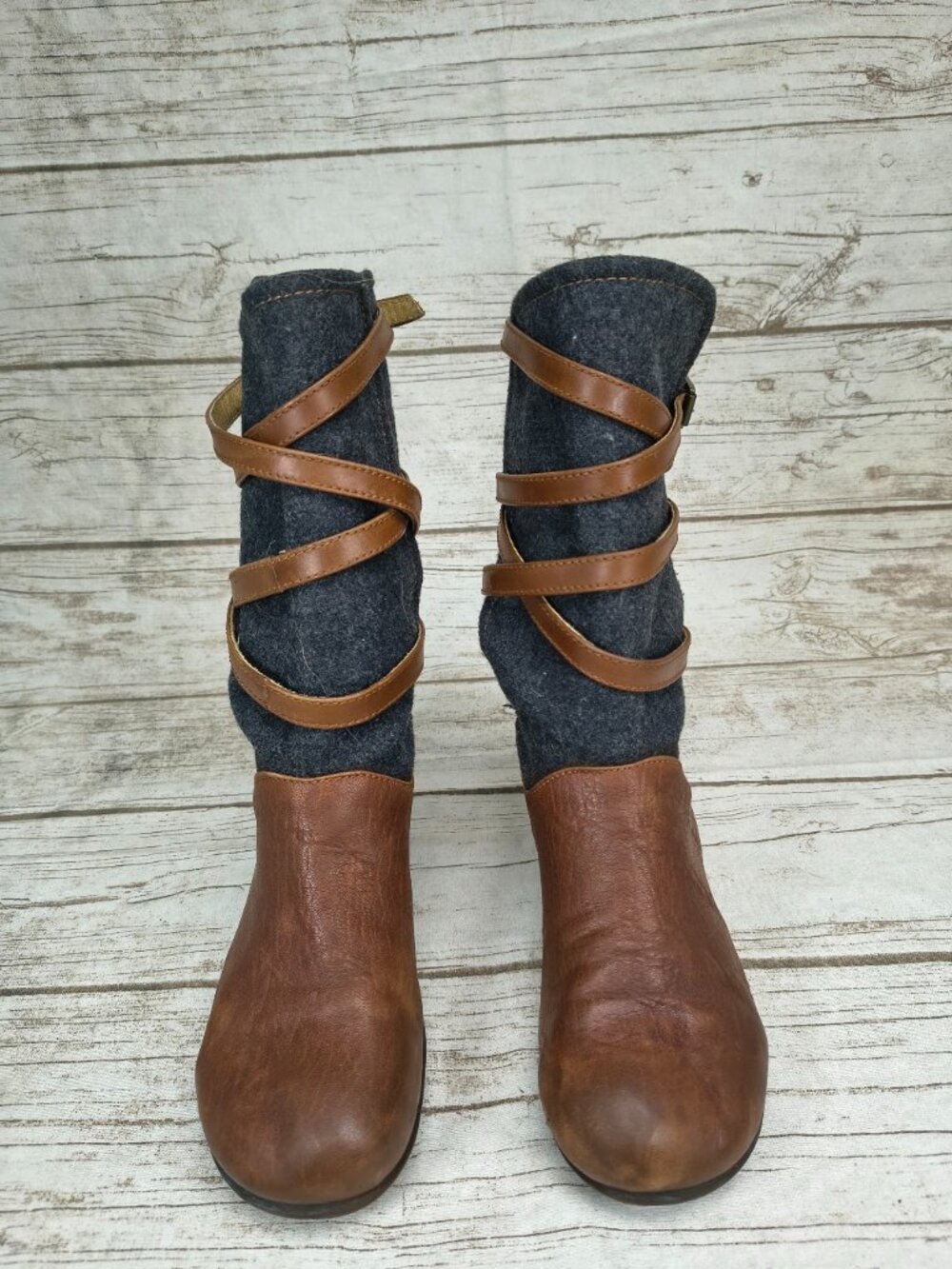 John Fluevog Reverie Brown Leather and Grey Felted Wool Boots Women Size 9.5